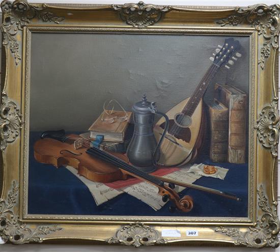 Bailey, oil on canvas, Still life of musical instruments, 49 x 60cm